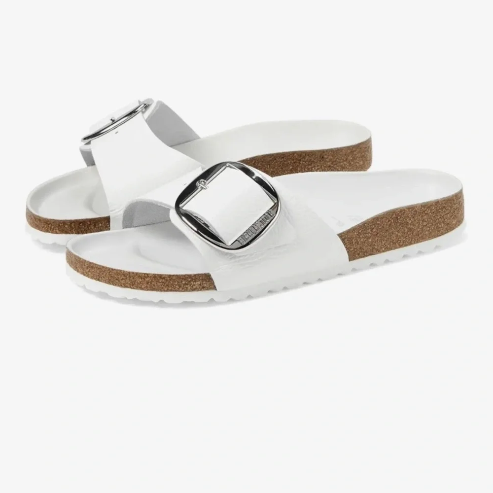 Birkenstock MADRID White Sandals with Metallic Buckle - Picture 1 of 10